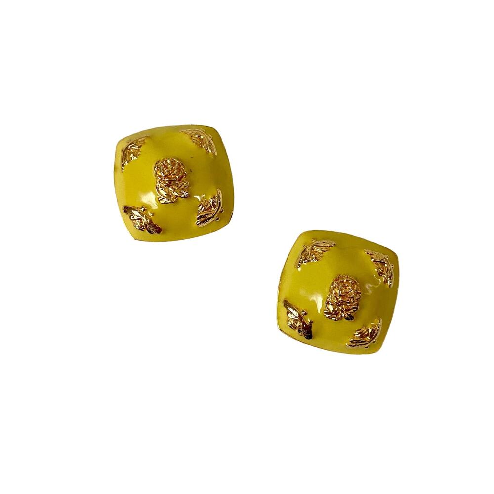 Kenneth Jay Lane Vintage Bee And Rose Yellow Enamel Clip Earrings